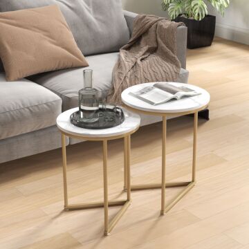 Homcom Set Of Two Marble-effect Nest Of Tables - White/gold-tone
