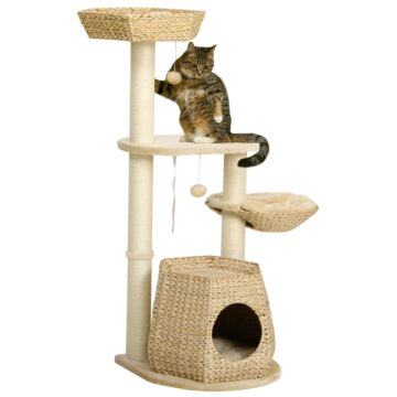 Pawhut Cat Tree Tower For Indoor Cats, Climbing Activity Centre, Kitten Furniture With Cattail Fluff Bed House, Sisal Scratching Post, Hanging Ball, 50 X 50 X 119cm, Natural