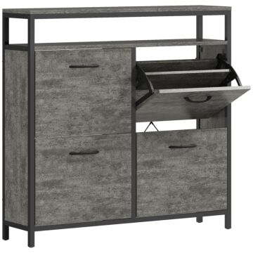 Homcom Shoe Storage Cabinet With 4 Flip Drawers And Open Shelf - Cement Grey