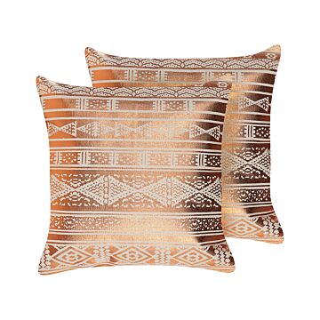 Set Of 2 Decorative Cushions Copper Cotton 50 X 50 Cm Geometric Pattern Foil Print Glamour Decor Accessories Beliani