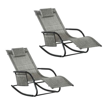 Outsunny 2pcs Garden Rocking Chair, Patio Sun Lounger Rocker Chair W/ Breathable Mesh Fabric, Removable Headrest Pillow, Side Storage Bag, Dark Grey