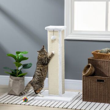 Pawhut 81cm Cat Scratcher, Vertical Full Scratcher W/ Natural Sisal Rope, Hanging Ball, Soft Plush - White