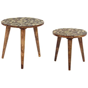 Set Of 2 Nesting Side Tables Dark Wood And Gold Mango Round Vintage End Side Tables For Living Room Retro Beliani