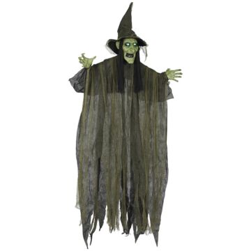 Outsunny 170 Cm Life Size Hanging Halloween Animated Witch With Glowing Led Eyes, Spooky Witch Scary Halloween Decorations, Battery Operated, Indoor Party Props