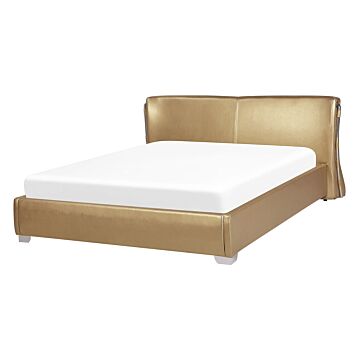 Eu Double Size Panel Bed 4ft6 Gold Leather Slatted Frame Contemporary Beliani