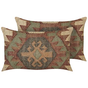 Set Of 2 Scatter Cushions Multicolour Jute Cotton 30 X 50 Cm Geometric Pattern Handmade Removable Cover With Filling Beliani