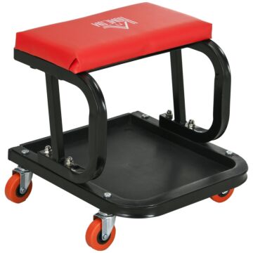 Homcom Workshop Stool, Rolling Mechanic Stool With 360 Degree Swivel, Padded Seat, Tool Tray, For Garage, Workshop, Auto Repair, Red