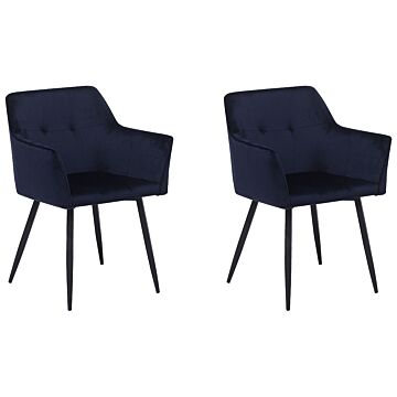 Set Of 2 Dining Chairs Dark Blue Velvet Upholstered Seat With Armrests Black Metal Legs Beliani