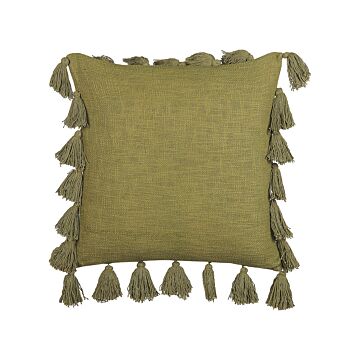 Decorative Cushion Green Cotton 45 X 45 Cm With Tassels Modern Boho Decor Accessories Beliani