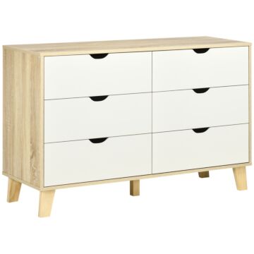 Homcom Wide Chest Of Drawers, 6-drawer Storage Organiser Unit With Wood Legs For Bedroom, Living Room, White And Light Brown