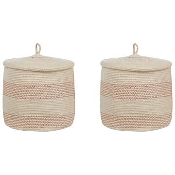 Set Of 2 Storage Baskets Light Beige And Pink Cotton Striped With Lid Laundry Bins Boho Accessories Beliani