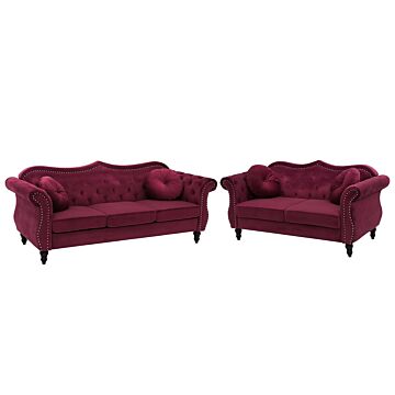 Living Room Set Red Velvet 2 Seater 3 Seater Nailhead Trim Button Tufted Throw Pillows Rolled Arms Glam Beliani