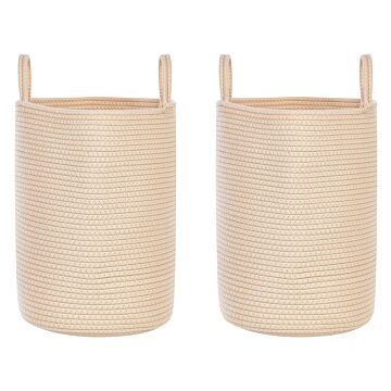 Set Of 2 Storage Baskets Beige Cotton Handmade With Handles Solid Colour Laundry Hamper Fabric Bin Beliani