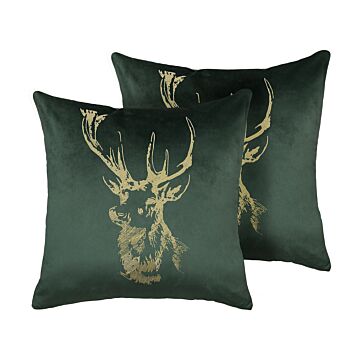 Set Of 2 Decorative Cushions Green Velvet Reindeer Print 45 X 45 Cm Modern Decor Accessories Christmas Beliani