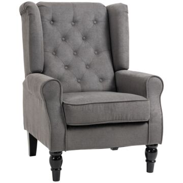 Homcom Retro Accent Chair, Wingback Armchair With Wood Frame Button Tufted Design - Dark Grey