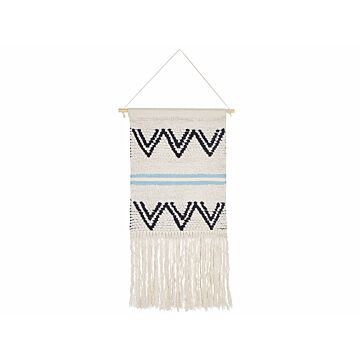 Wall Hanging Beige And Black Cotton 42 X 113 Cm Handwoven With Tassels Geometric Pattern Wall Décor Boho Style Living Room Bedroom Beliani