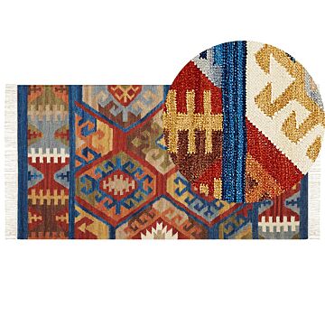 Wool Kilim Area Rug Multicolour 80 X 150 Cm Hand Woven Kilim Rug Rustic Oriental Design Beliani