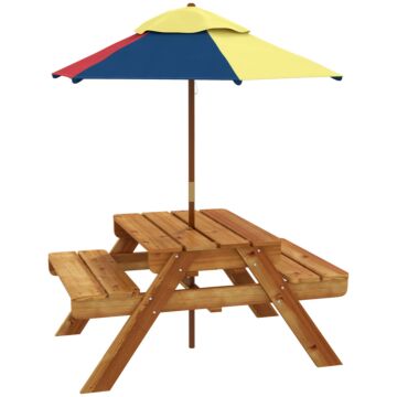 Outsunny Kids Picnic Table Set, 3 In 1 Sand Pit Activity Table, Kids Garden Furniture W/ Removable Parasol, For 3-6 Years