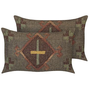Scatter Cushions Set Green Jute And Wool 30 X 50 Cm Oriental Pattern Kilim Style Faded Colurs Beliani