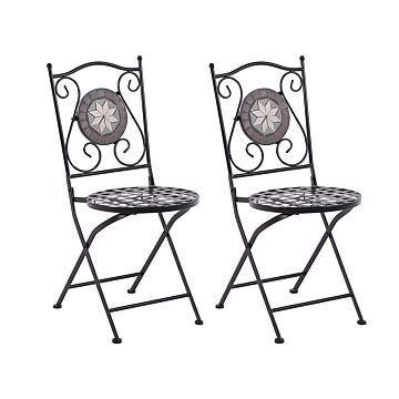 Set Of 2 Garden Chairs Black Metal Folding Carved Backrest Mosaic Tiles Pattern Vintage Style Beliani