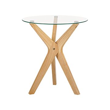 Side Table Light Wood Tempered Glass Tabletop Rubberwood Legs Ø 45 Cm Round End Table Modern Living Room Beliani