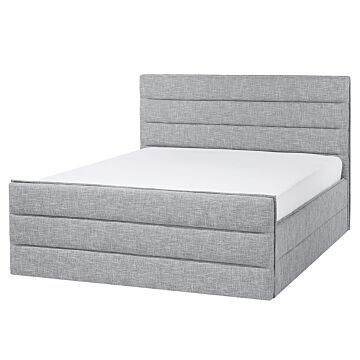 Bed Light Grey Linen Fabric Eu King Size 5ft3 Slatted Base Padded Headboard And Footboard Beliani