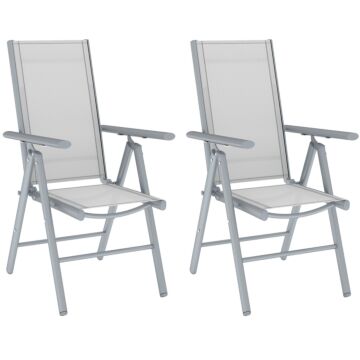 Outsunny Set Of 2 Folding Chair, Aluminium Frame Outdoor Camping Chairs With Breathable Mesh Back And Seat, Garden Chair Set With Armrests For Patio Deck Balcony, Light Grey