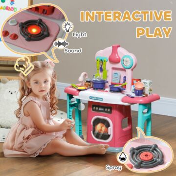 Aiyaplay Toy Kitchen, 45 Pieces Kids Kitchen With Rotating Side Tables, Toddler Pretend Role Play Kitchen With Light, Sounds, Spray Effect For Children 3-6 Years, Pink
