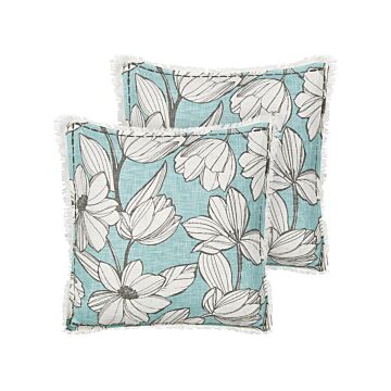 Set Of 2 Scatter Cushions White And Blue Cotton 45 X 45 Cm Floral Pattern Fringed Handmade Removable Cover With Filling Boho Style Beliani