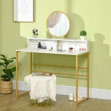 Homcom Modern Dressing Table With Round Mirror, Vanity Makeup Desk With Open Storage, Faux Marble Texture And Steel Frame For Bedroom, White
