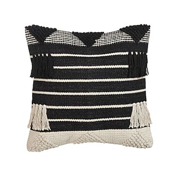 Scatter Cushion Beige And Black Cotton 50 X 50 Cm Geometric Pattern Tassels Handwoven Removable Cover With Filling Beliani
