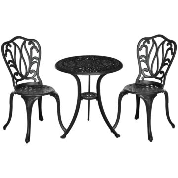 Outsunny 3 Piece Garden Bistro Set, Cast Aluminium Outdoor Furniture Set With Umbrella Hole For Balcony, Porch, Patio, Black