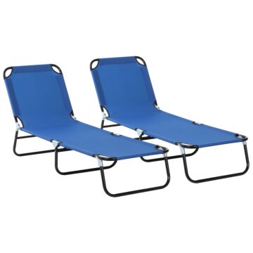 Outsunny 2 Pieces Foldable Sun Lounger Set With 5-position Adjustable Backrest, Portable Relaxer Recliner With Lightweight Frame Great For Sun Bathing, Blue