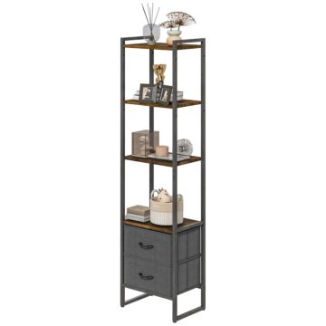Homcom Industrial Bookcase 4-tier Storage Shelf With 2 Fabric Drawers And Metal Frame For Living Room, Bedroom, Rustic Brown