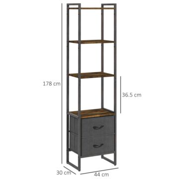 Homcom Industrial Bookcase 4-tier Storage Shelf With 2 Fabric Drawers And Metal Frame, Rustic Brown