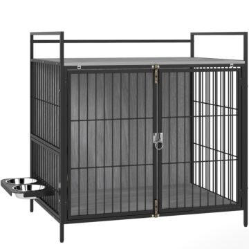 Pawhut Dog Crate Furniture With Rotating Bowl Holder, 2 Bowls, 2 Doors, For Medium Dogs, 80 X 56 X 76.5 Cm, Grey