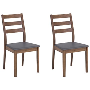 Set Of 2 Dining Dark Wood Grey Faux Leather Upholstered Seat Slat Back Beliani