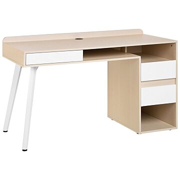 Desk Light Wood Veneer Top 130 X 60 Cm White Metal Frame 3 Drawers Beliani