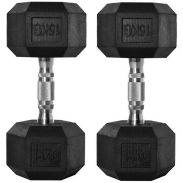 Homcom 2x15kg Rubber Hex Dumbbell Portable Hand Weights Dumbbell Home Gym Workout Fitness Hand Dumbbell