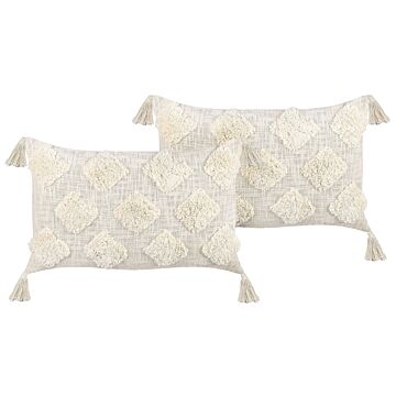 Set Of 2 Decorative Cushions Beige Cotton 35 X 55 Cm Solid Pattern With Tassels Boho Decor Accessories Beliani