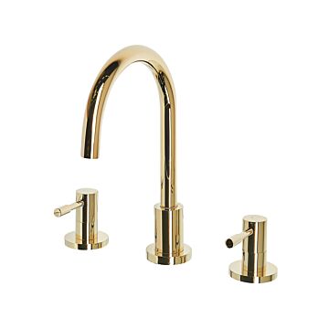 Basin Mixer Tap Gold Brass Two Levers Curved Spout Beliani