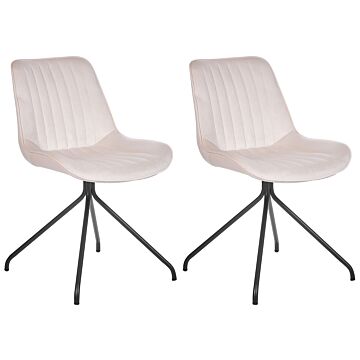 Set Of 2 Dining Chairs Beige Velvet Upholstery Tufted Armless Black Cross Base Steel Frame Retro Design Beliani