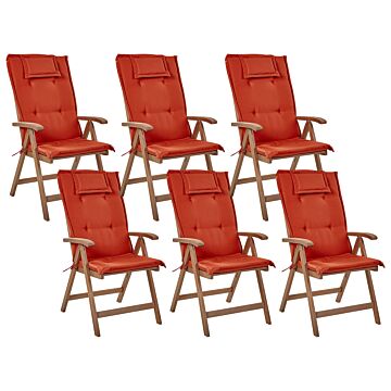 Set Of 6 Garden Chair Dark Acacia Wood Natural With Red Cushions Adjustable Foldable Outdoor With Armrests Country Rustic Style Beliani