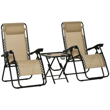Outsunny 3pcs Folding Zero Gravity Chairs Sun Lounger Table Set W/ Cup Holders Reclining Garden Yard Pool, Beige