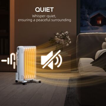 Homcom 1500w Quiet Oil Filled Radiator, 7 Fin Energy Efficient Portable Electric Heater With 3 Heat Settings, Adjustable Temperate, Safety Tip Over, Overheat Protection, Wheels, For Home, White