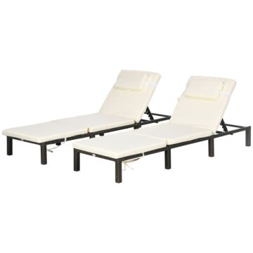 Outsunny Rattan Sun Loungers Set Of 2 With 5-level Adjustable Backrest, Wicker Lounge Chairs With Padded Cushion And Headrest For Outdoor, Poolside, Garden, Cream White