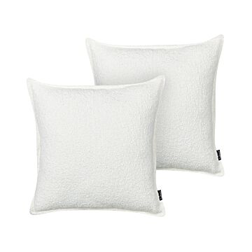 Set Of 2 Scatter Cushions Off White Teddy Fabric Throw Pillows Solid Pattern Beliani