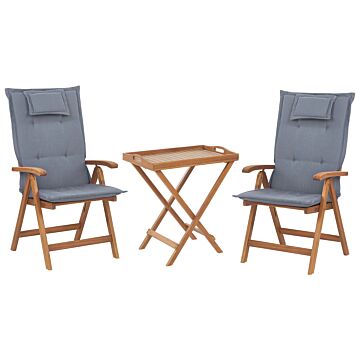 Garden Bistro Set Acacia Wood Table 2 Chairs With Blue Cushions Uv Resistant Foldable Beliani