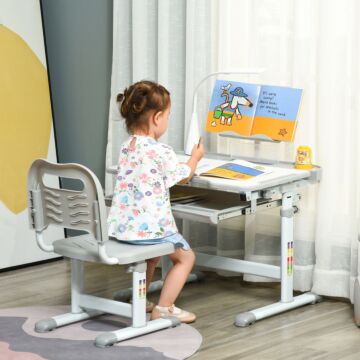 Homcom Kids Table And Chair Set, Activity Desk With Usb Lamp, Storage Drawer For Study, Activities, Arts, Or Crafts, Grey And White