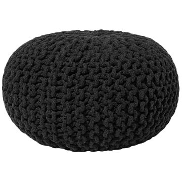 Pouf Ottoman Black Knitted Cotton Eps Beads Filling Round Small Footstool 40 X 25 Cm Beliani